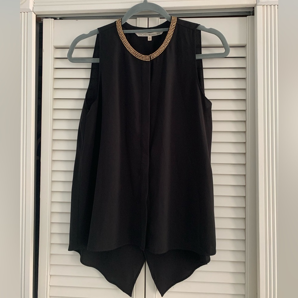 Rachel Roy, Black Sleeveless Top, Gold Studs Around Neck.